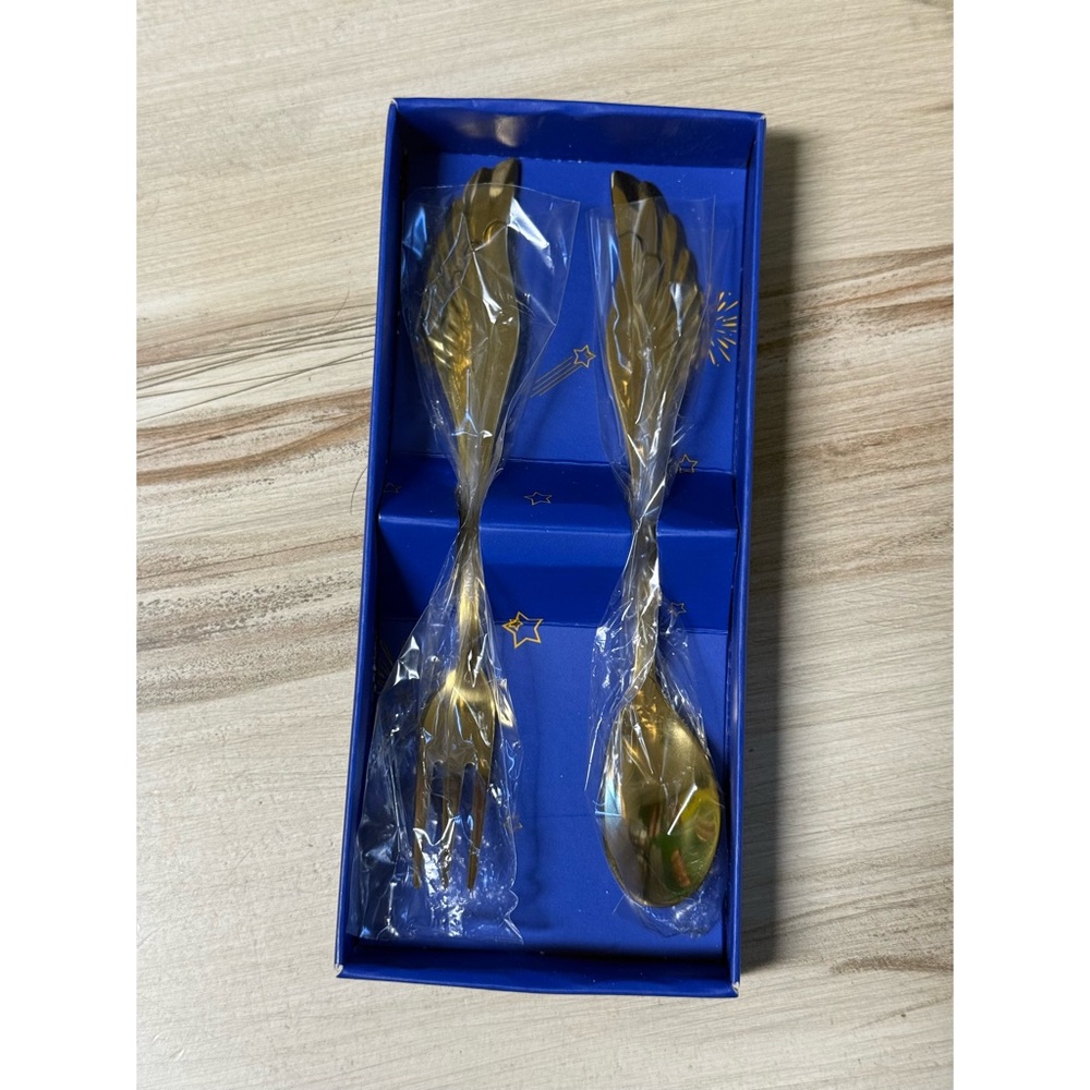 NIB Angels Wings Baby Spoon and Fork Gift Set Gold Tone Stainless Steel - Picture 9 of 10